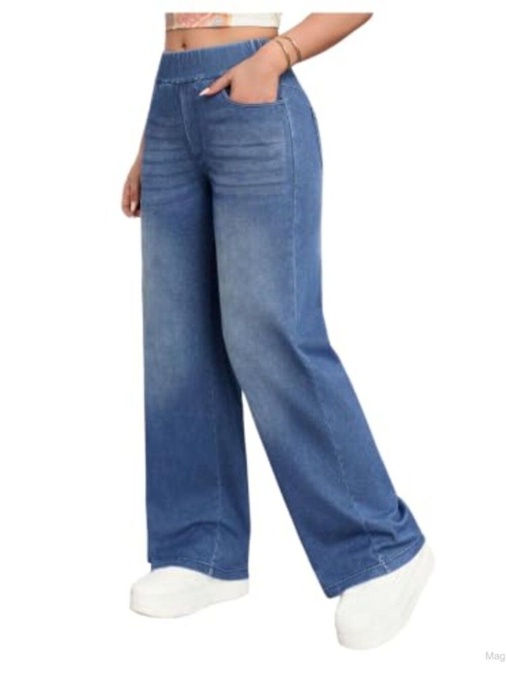 Wide Leg High Waisted Stretchy Pull On Denim Pants with Pockets